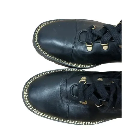 Stuart Weitzman Kolbie Black Leather Chain Combat Boot 39 Black